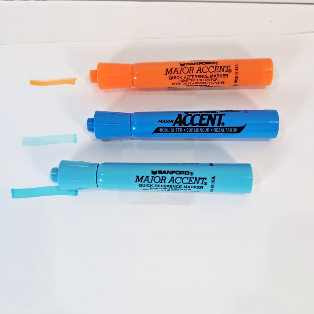 Vintage Sanford Major Accent Highlighters Set Broad Point Dk Blue Lt Blue Orange